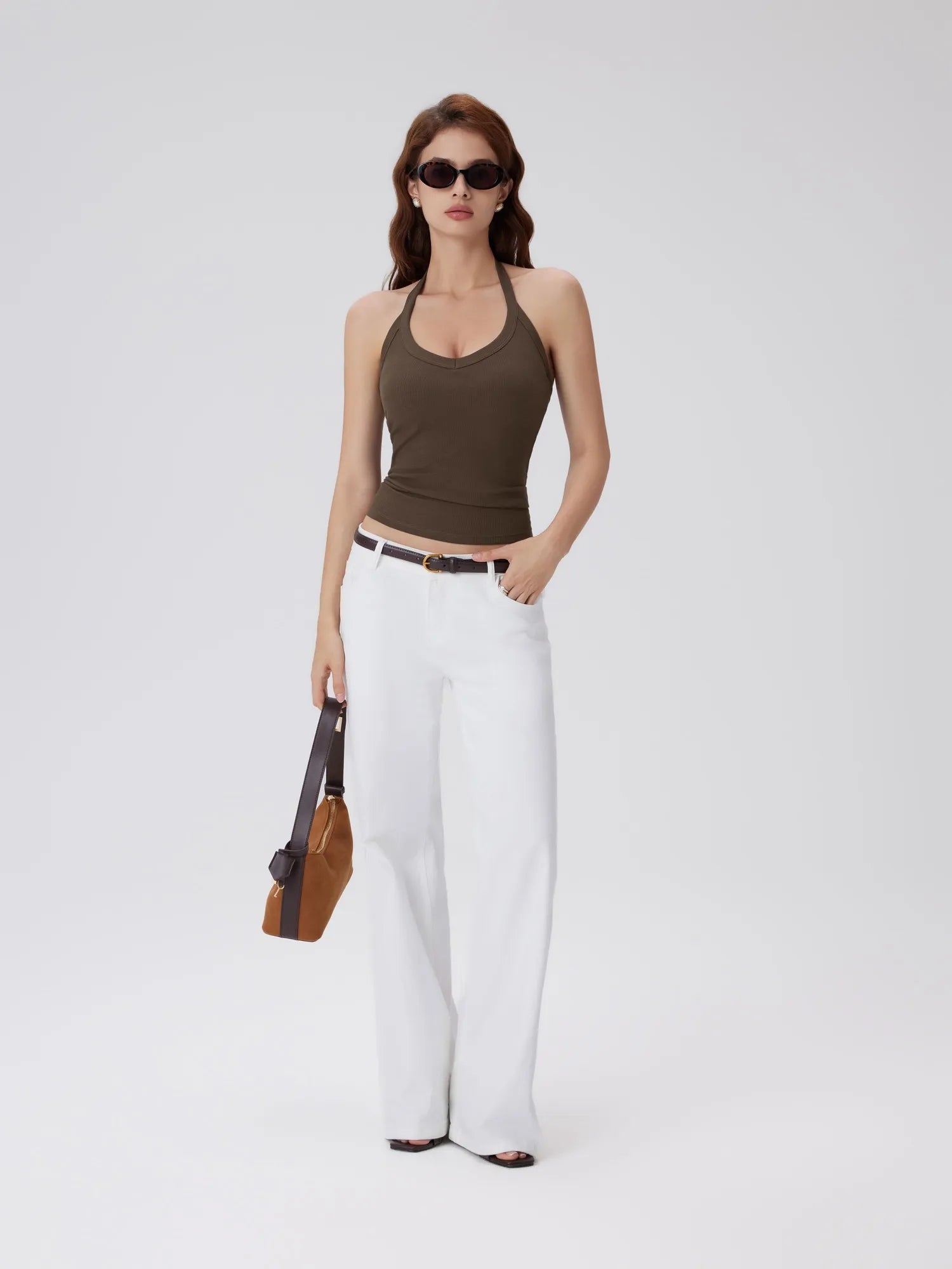 Cotton Ribbed V Neck Halter Tank Top