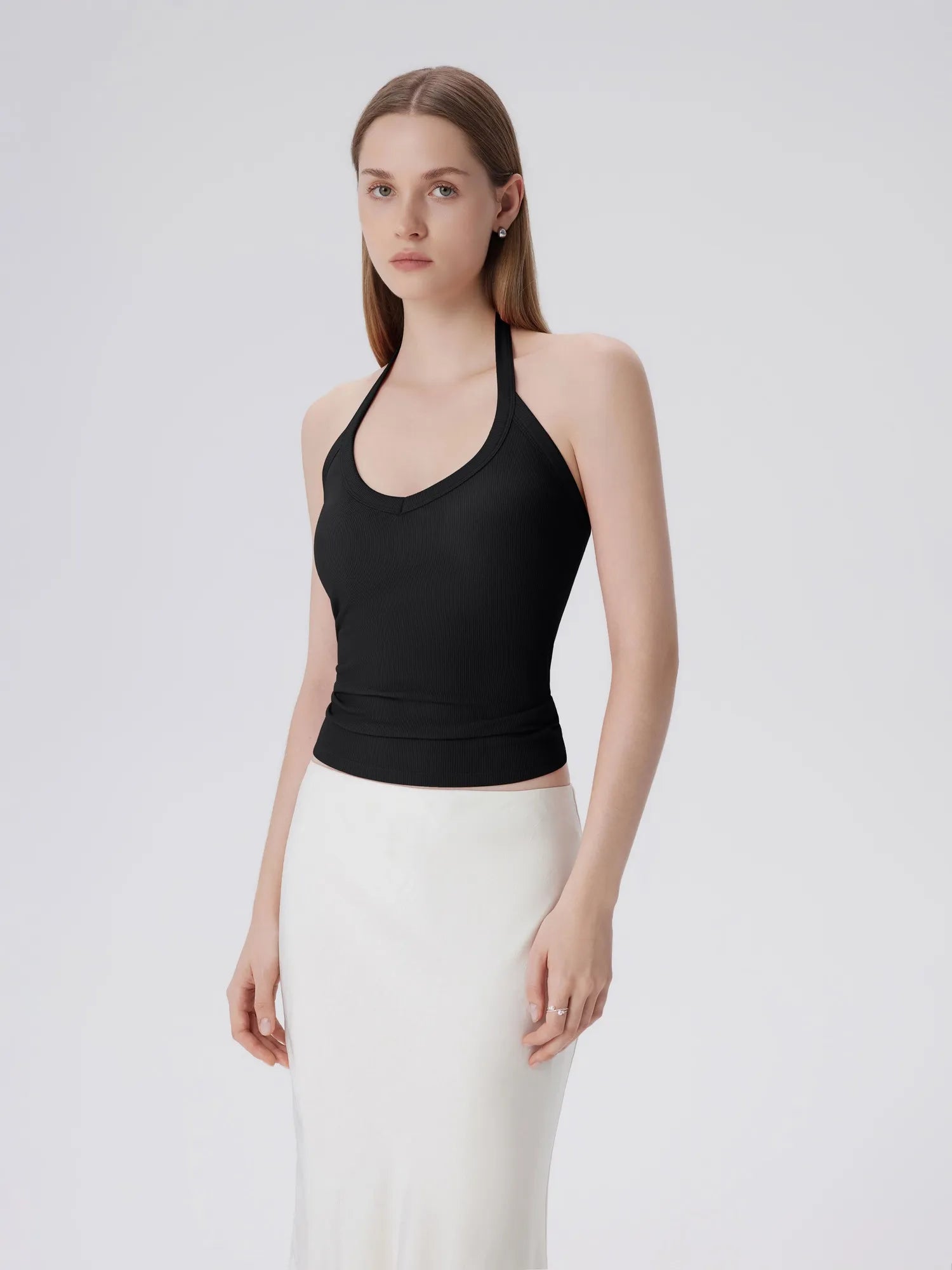 Cotton Ribbed V Neck Halter Tank Top