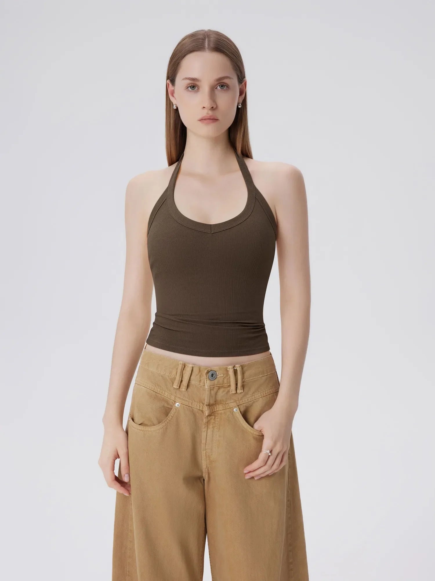 Cotton Ribbed V Neck Halter Tank Top